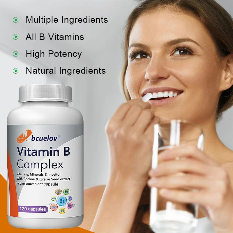 Vitamin B complex supplement with folic acid to support energy metabolism, immune system, heart health and improved digestion