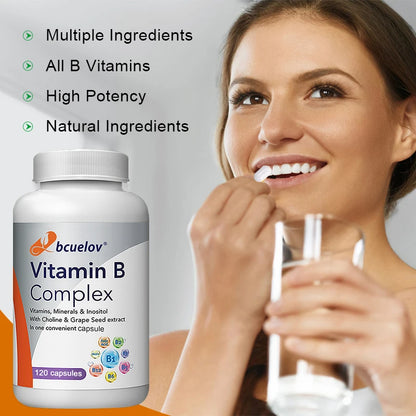 Vitamin B complex supplement with folic acid to support energy metabolism, immune system, heart health and improved digestion