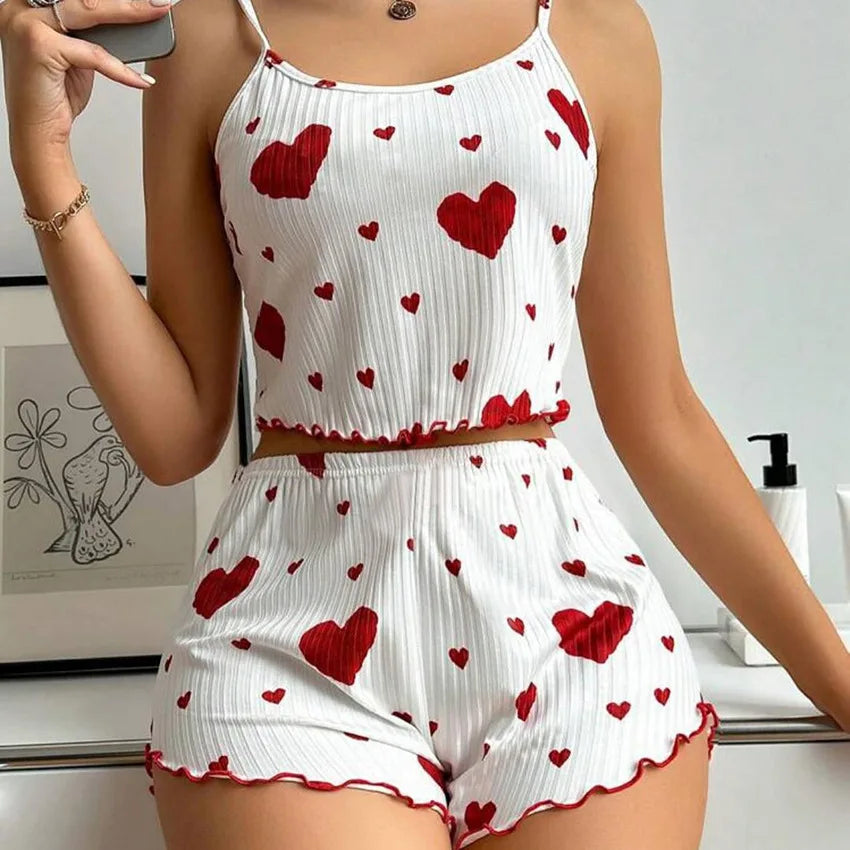 Women’s 2PCS Heart Print Pajama Set, Sleeveless Crop Top and Shorts, Soft Comfy Sleepwear Loungewear for Summer Nightwear white-red