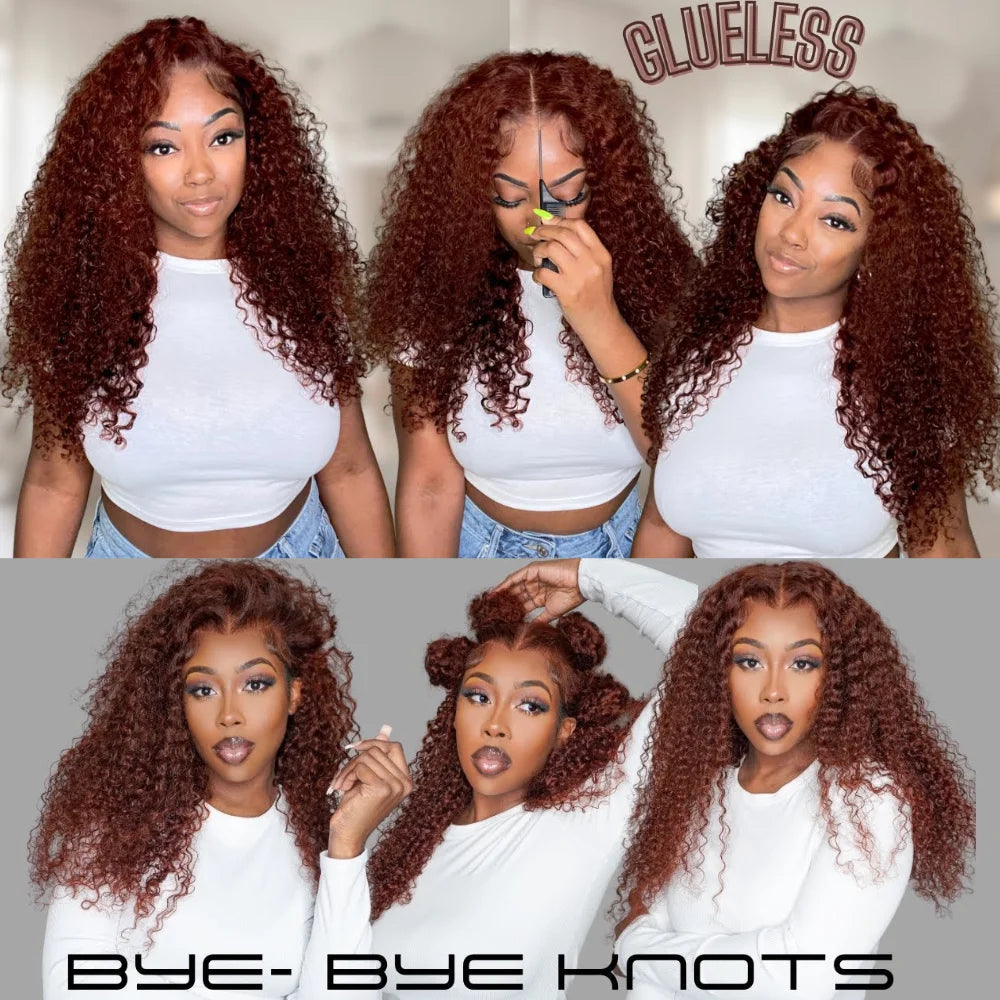 UNice Hair 7x5 Bye Bye Knots Wig Human Hair Reddish Brown Curly Lace Wig Wear Go Glueless Wig Pre Cut Bleached Lace Closure Wig