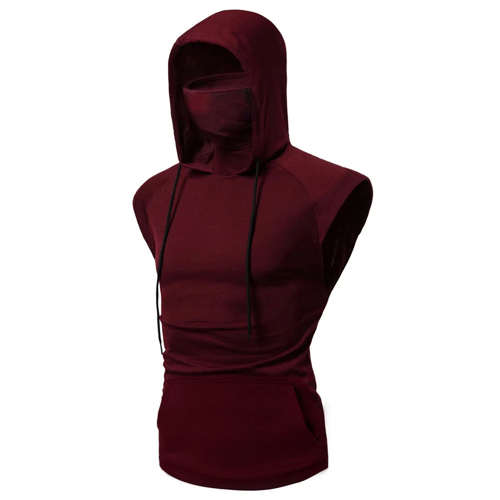 new Mens Gym Thin Hoodie Long Sleeve Hoodies With Mask Sweatshirt Casual Splice Large Mask Hoodie Sweatshirt Hooded Tops Cycling Sleeveless mask