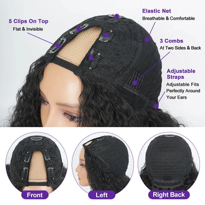 Afro Kinky Straight V Part Wigs with Bouncy Curls Short Synthetic Glueless Wigs for Black Women No Leave Out Clip in Half Wigs Badiee Stylez