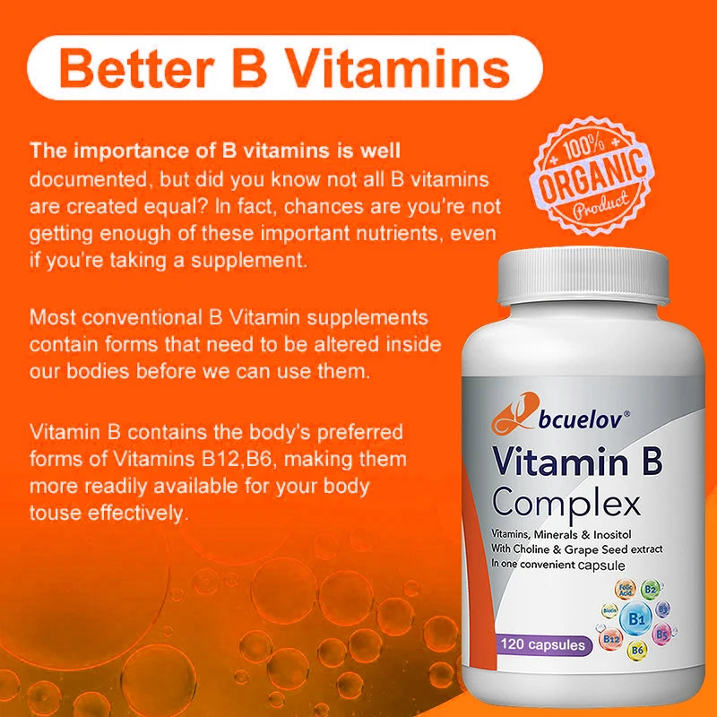 Vitamin B complex supplement with folic acid to support energy metabolism, immune system, heart health and improved digestion