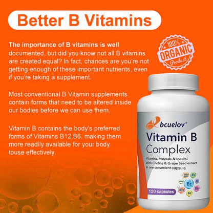 Vitamin B complex supplement with folic acid to support energy metabolism, immune system, heart health and improved digestion