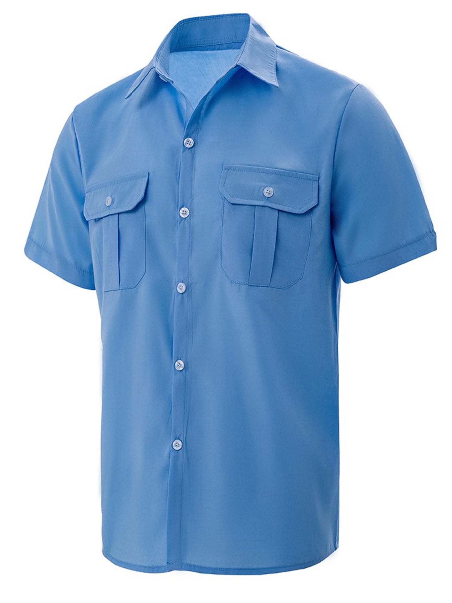 Men's Summer Lapel Solid Short Sleeve Shirt with Two Pockets Casual Button Comfort Cardigan M13-blue