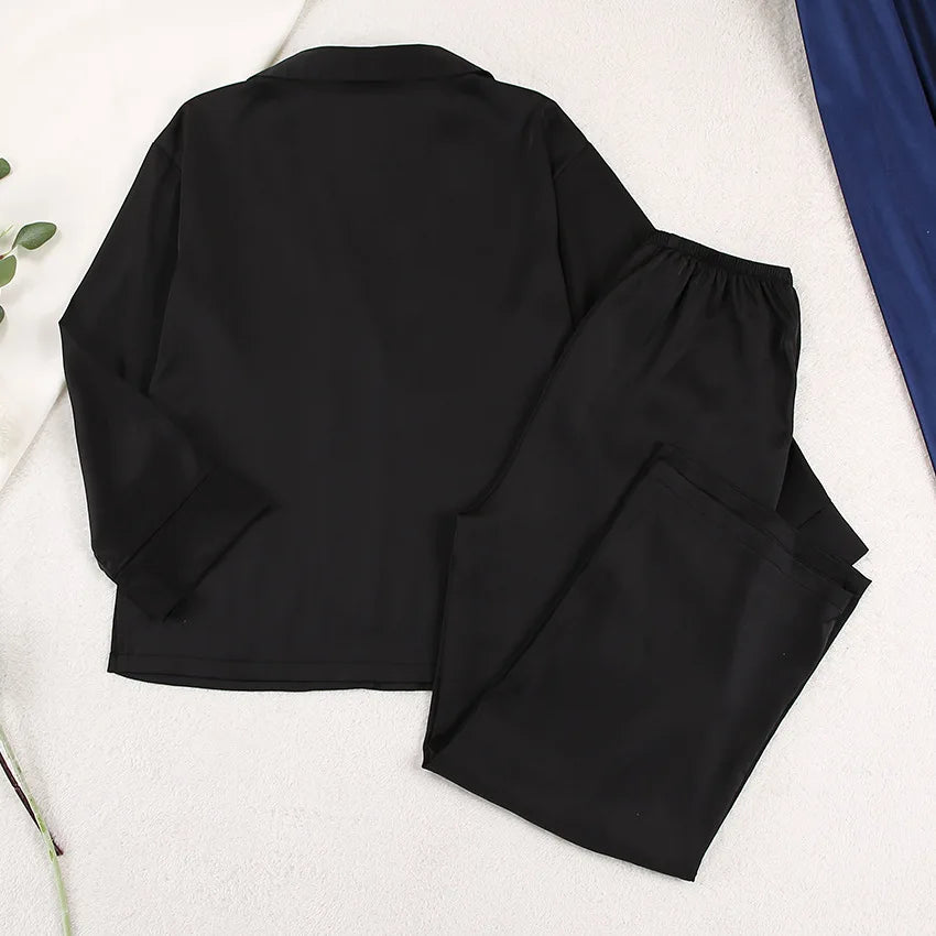 NHKDSASA Oversized Satin Silk Sleepwear Low Cut Sexy Pajamas For Women Single-Breasted Long Sleeves Wide Leg Pants Trouser Suits