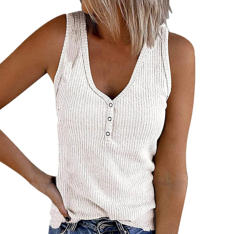 Women's Button Down Tank Top Solid Color V Neck Sleeveless T Shirts Top