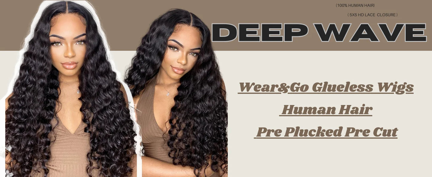 Wear and Go Glueless Wigs Human Hair Deep Wave Lace Front Wigs 4x4 HD Lace Closure Wigs Human Hair No Glue Ready to Wear Wig Badiee Stylez