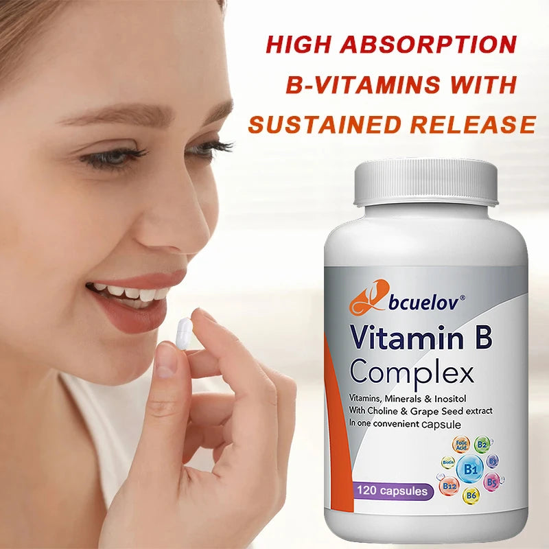 Vitamin B complex supplement with folic acid to support energy metabolism, immune system, heart health and improved digestion