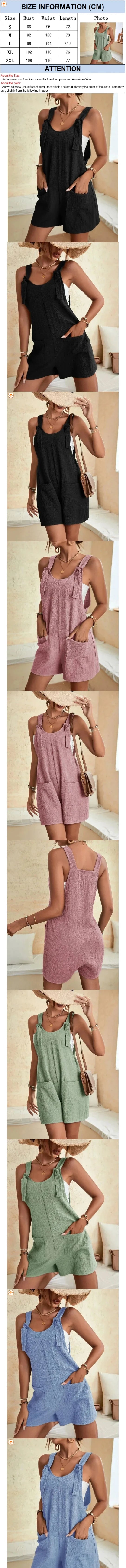 Women's Casual Summer Short Rompers Loose Overall Solid Sleeveless Lace up Wide Leg Pant Tie Knot Strap Jumpsuits with Pockets