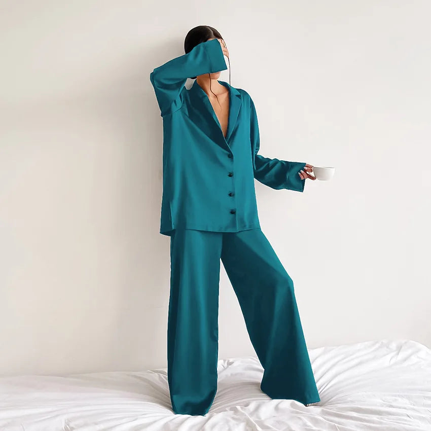 NHKDSASA Oversized Satin Silk Sleepwear Low Cut Sexy Pajamas For Women Single-Breasted Long Sleeves Wide Leg Pants Trouser Suits Turquoise
