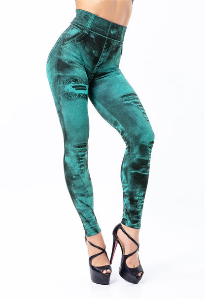 2024 Sexy Astic Imitation Jeans Leggings Women Stretch High Waist Pants Fitness Slim Push Up Leggings For Women Summer Breeches Green