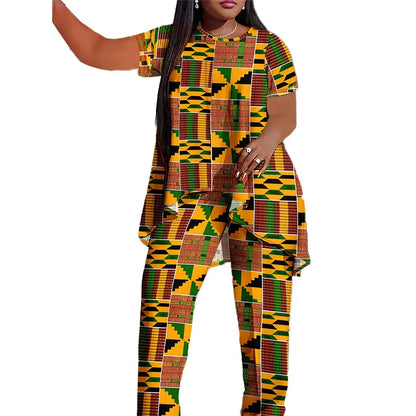 Plus Size European and American Multicolored Plaid Geometric Print Outfit, Fashionable Wide-Leg Pants Set, Comfortable to Wear, Orange