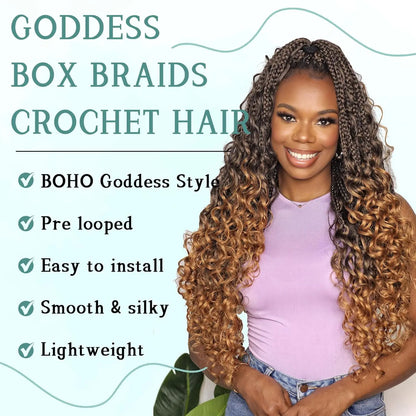 Synthetic Goddess Box Braids Crochet Hair With Curly Ends, Pre Looped Bohomian Crochet Box Braiding Hair Extensions for Women