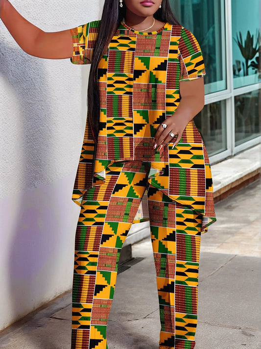 Plus Size European and American Multicolored Plaid Geometric Print Outfit, Fashionable Wide-Leg Pants Set, Comfortable to Wear,