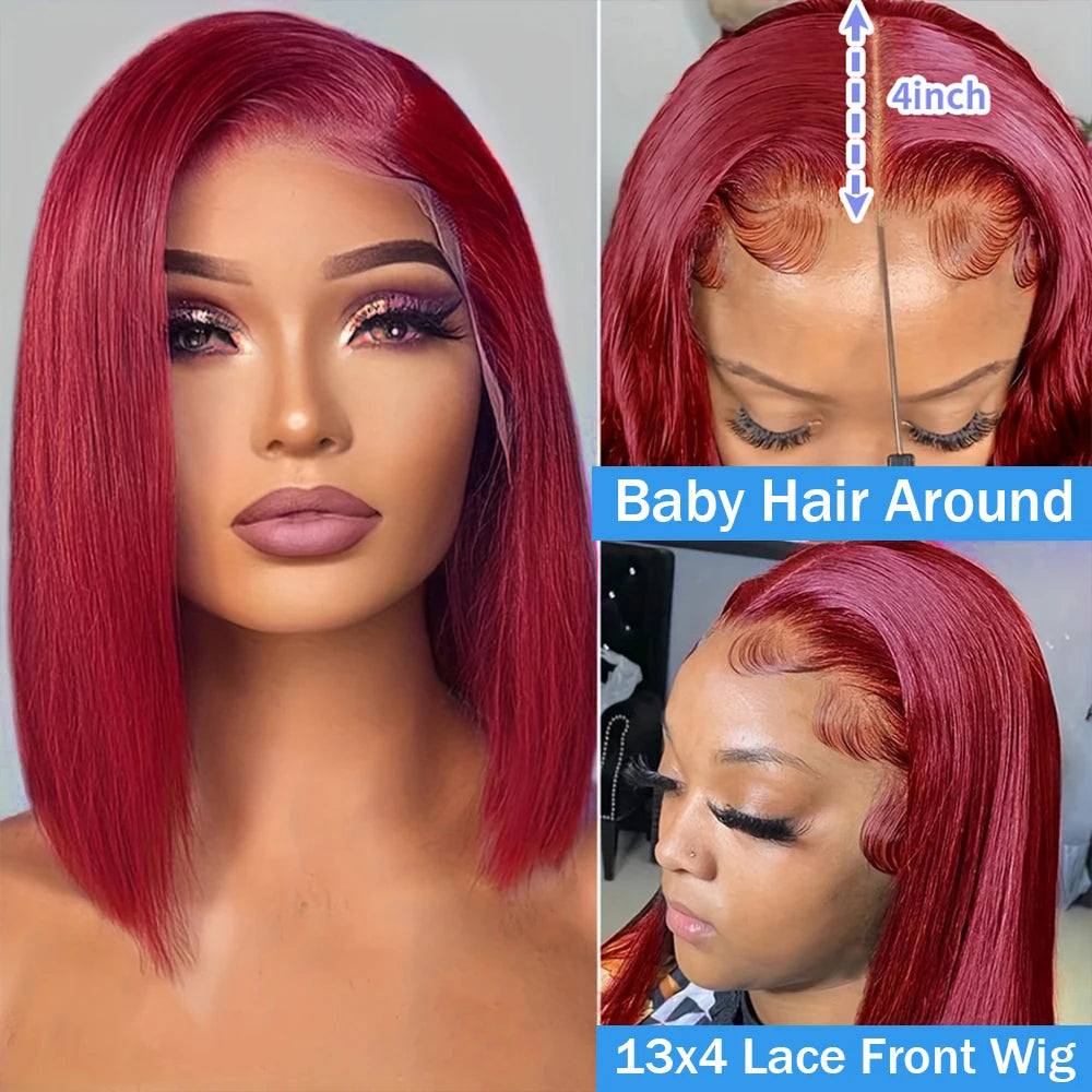 99J Burgundy Straight 13x4 Lace Frontal Bob Wigs Brazilian 100% Human Hair For Women WineRed Lace Front Human Hair Wig Short Bob Badiee Stylez
