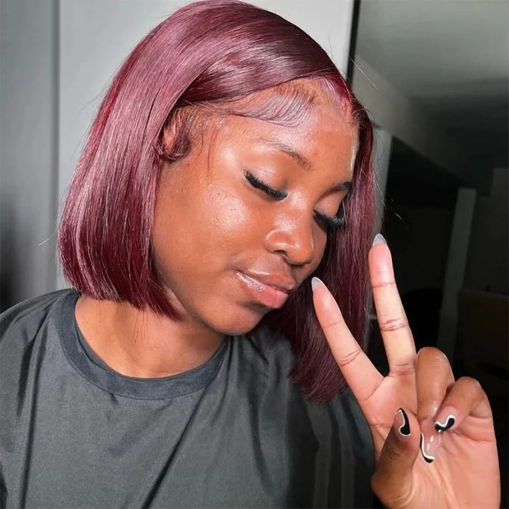 99J Burgundy Straight 13x4 Lace Frontal Bob Wigs Brazilian 100% Human Hair For Women WineRed Lace Front Human Hair Wig Short Bob Badiee Stylez