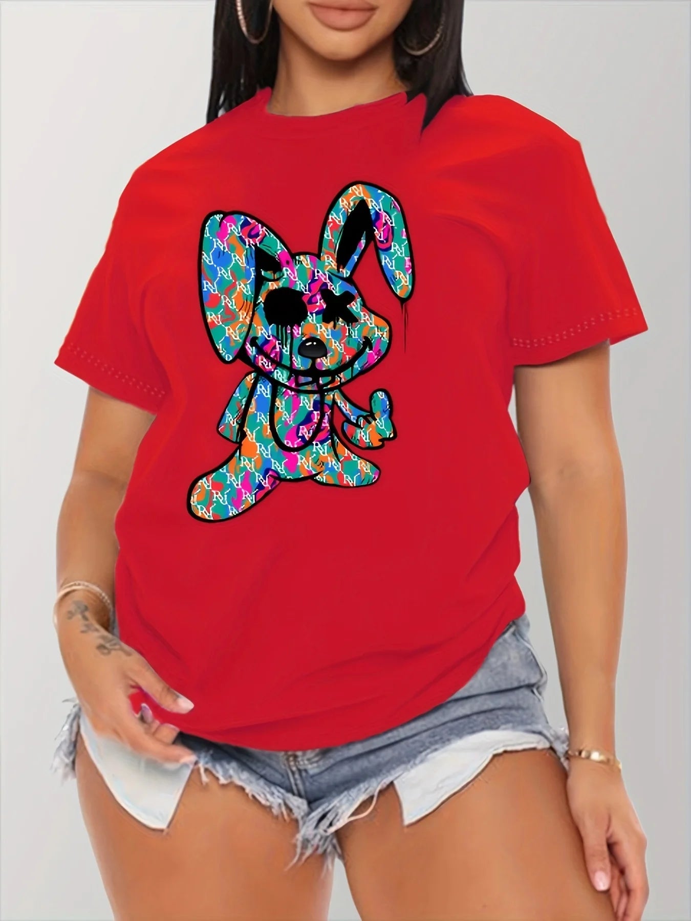 Plus Size Women's Cartoon Rabbit Print T-shirt, Casual Crew Neck Short Sleeve Summer T-shirt, Ladies Cute O-Neck Clothing T1223-021