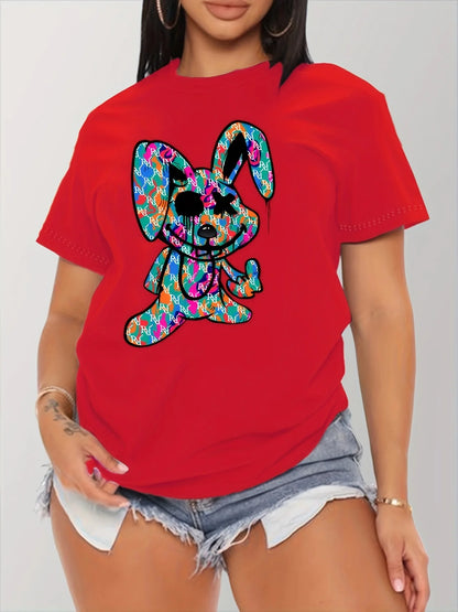 Plus Size Women's Cartoon Rabbit Print T-shirt, Casual Crew Neck Short Sleeve Summer T-shirt, Ladies Cute O-Neck Clothing T1223-021