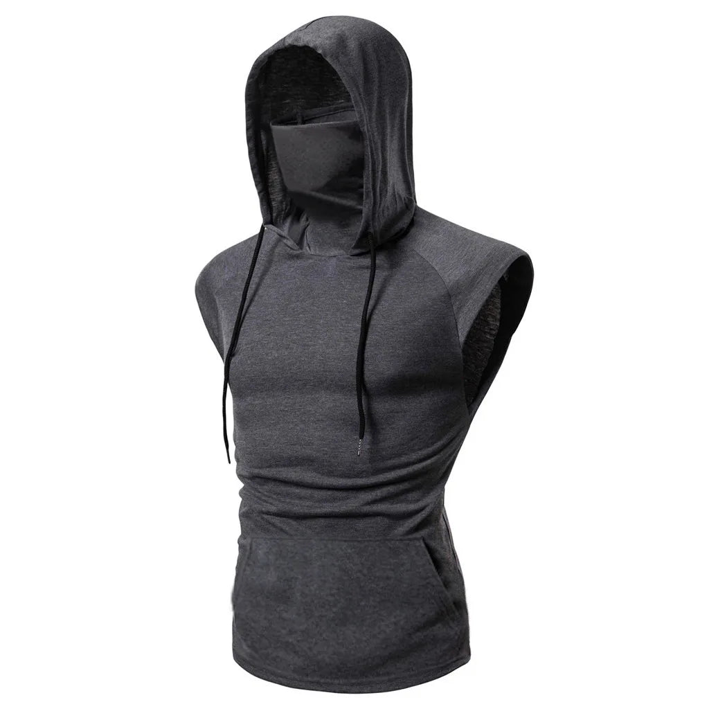 new Mens Gym Thin Hoodie Long Sleeve Hoodies With Mask Sweatshirt Casual Splice Large Mask Hoodie Sweatshirt Hooded Tops Cycling
