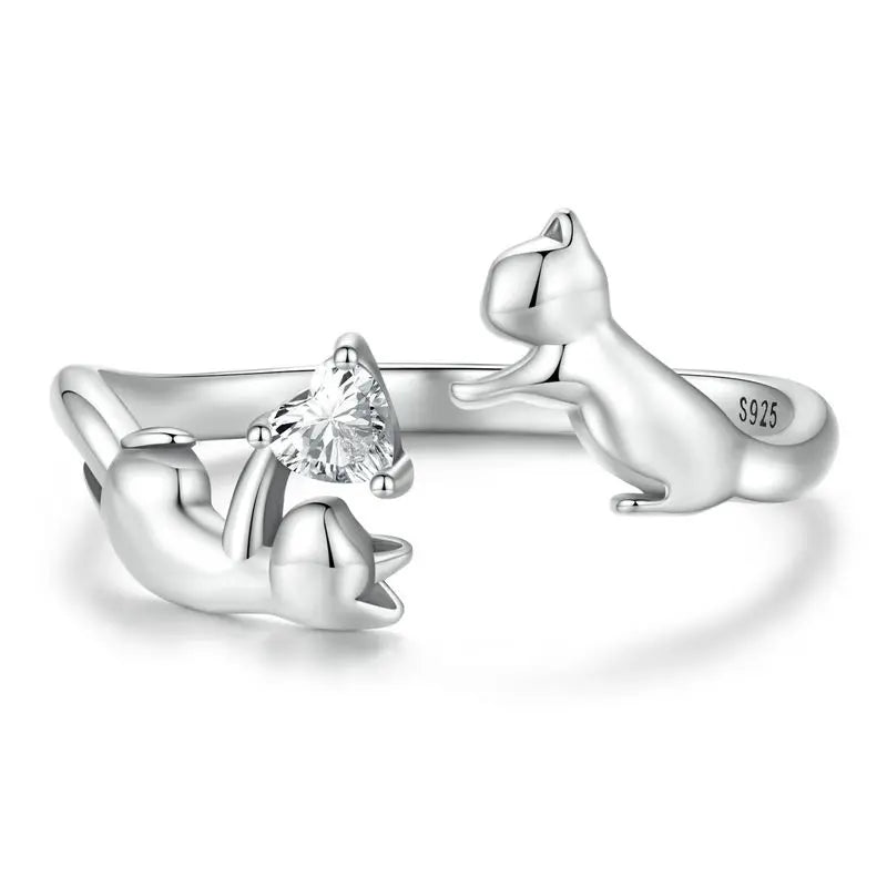 WOSTU 925 Sterling Silver Cat Pet Adjustable Rings For Women Animal Dog Open Ring Family Daughter Birthday Jewelry Girl Gift SCR916