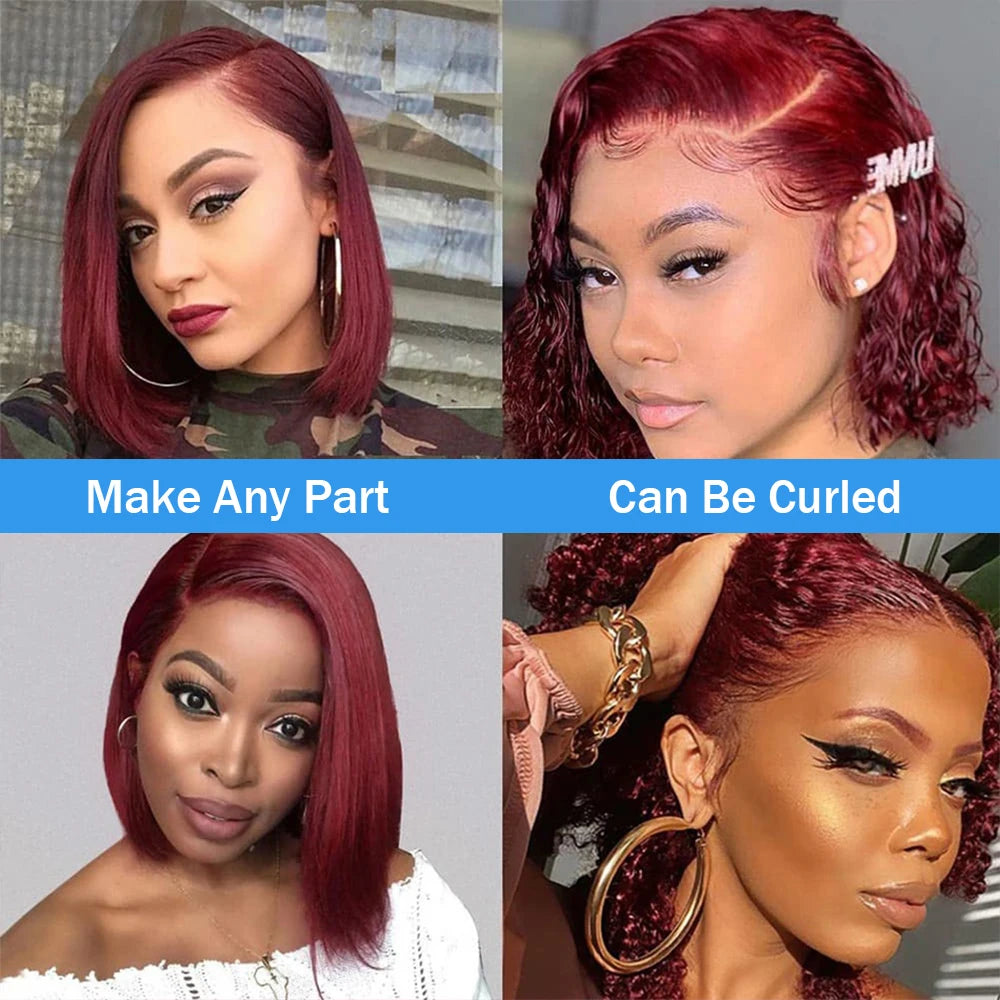 99J Burgundy Straight 13x4 Lace Frontal Bob Wigs Brazilian 100% Human Hair For Women WineRed Lace Front Human Hair Wig Short Bob Badiee Stylez