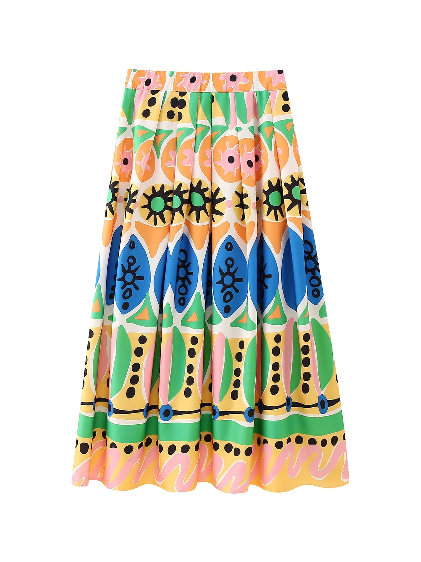 GDSTUFF Women Long Pleated Skirt Stylish Prints High Waist Back Zipper Ankle Length Vacation Bottlow Wear