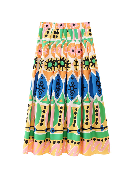 GDSTUFF Women Long Pleated Skirt Stylish Prints High Waist Back Zipper Ankle Length Vacation Bottlow Wear