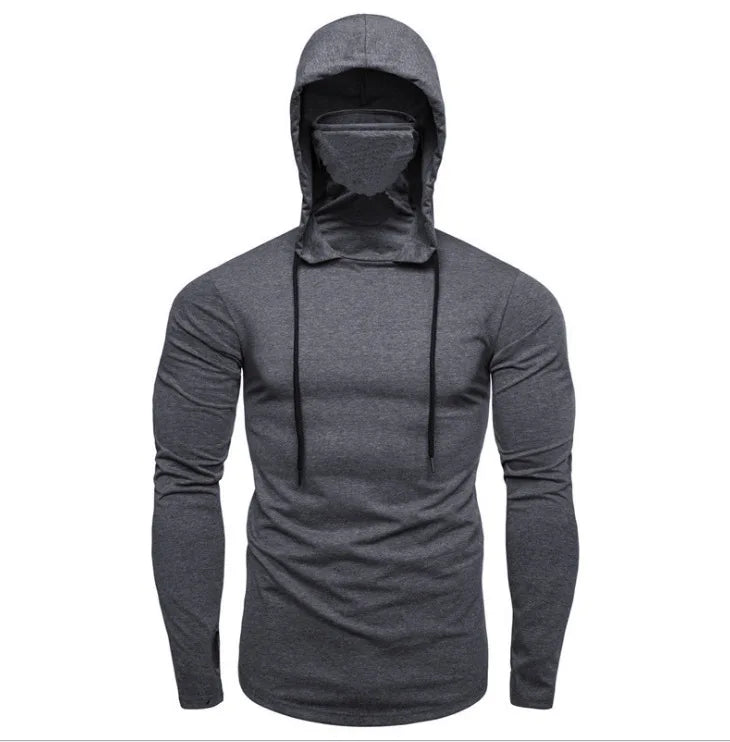 new Mens Gym Thin Hoodie Long Sleeve Hoodies With Mask Sweatshirt Casual Splice Large Mask Hoodie Sweatshirt Hooded Tops Cycling Long sleeve mask 1