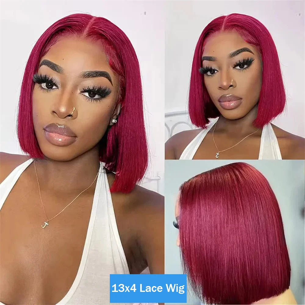 99J Burgundy Straight 13x4 Lace Frontal Bob Wigs Brazilian 100% Human Hair For Women WineRed Lace Front Human Hair Wig Short Bob Badiee Stylez