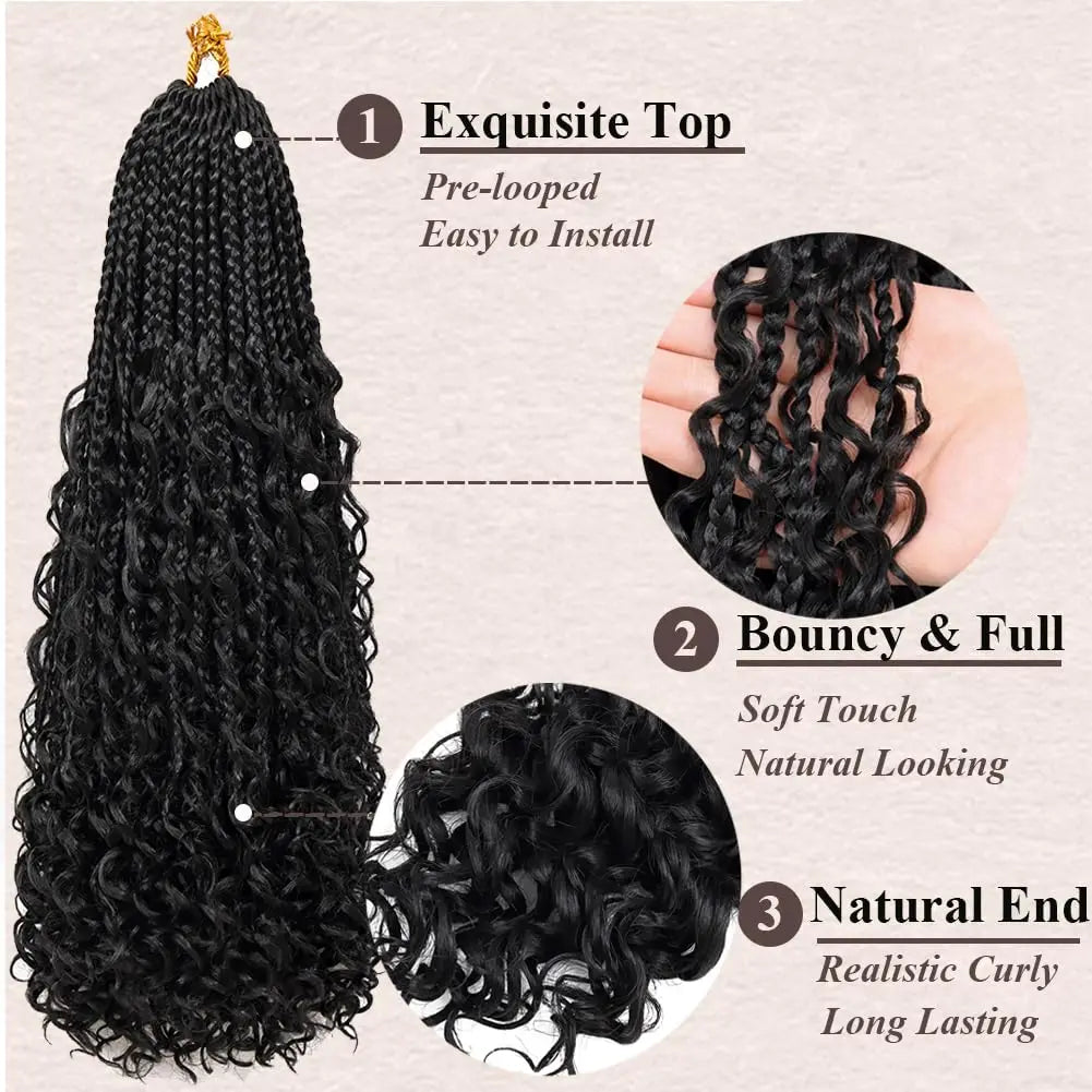 Synthetic Goddess Box Braids Crochet Hair With Curly Ends, Pre Looped Bohomian Crochet Box Braiding Hair Extensions for Women