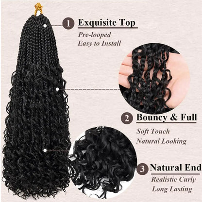 Synthetic Goddess Box Braids Crochet Hair With Curly Ends, Pre Looped Bohomian Crochet Box Braiding Hair Extensions for Women