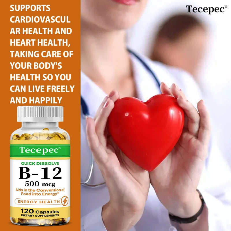 Vitamin B-12 Supplement, Supports Nervous System, Cellular, Metabolic Health, Memory, Concentration, 120 Capsules