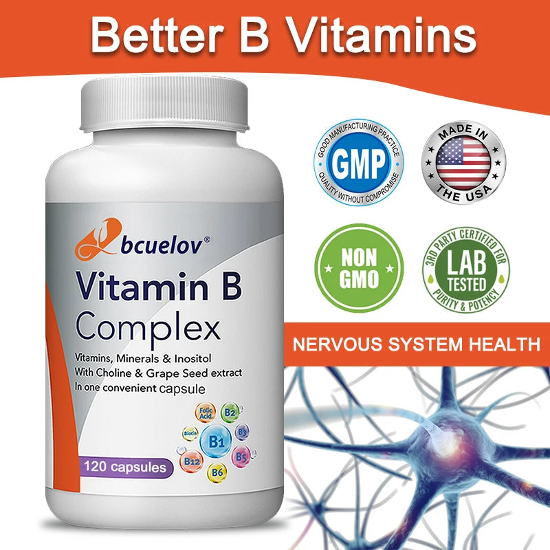 Vitamin B complex supplement with folic acid to support energy metabolism, immune system, heart health and improved digestion