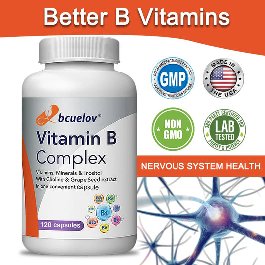 Vitamin B complex supplement with folic acid to support energy metabolism, immune system, heart health and improved digestion