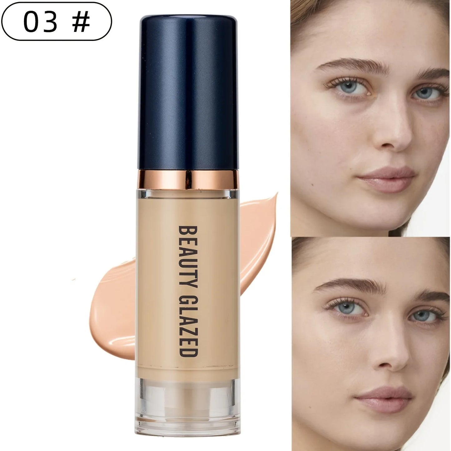 Beauty Glazed 6 Color Liquid Foundation Concealer - Full Coverage, Long-Lasting, Waterproof, Natural Effect, 03