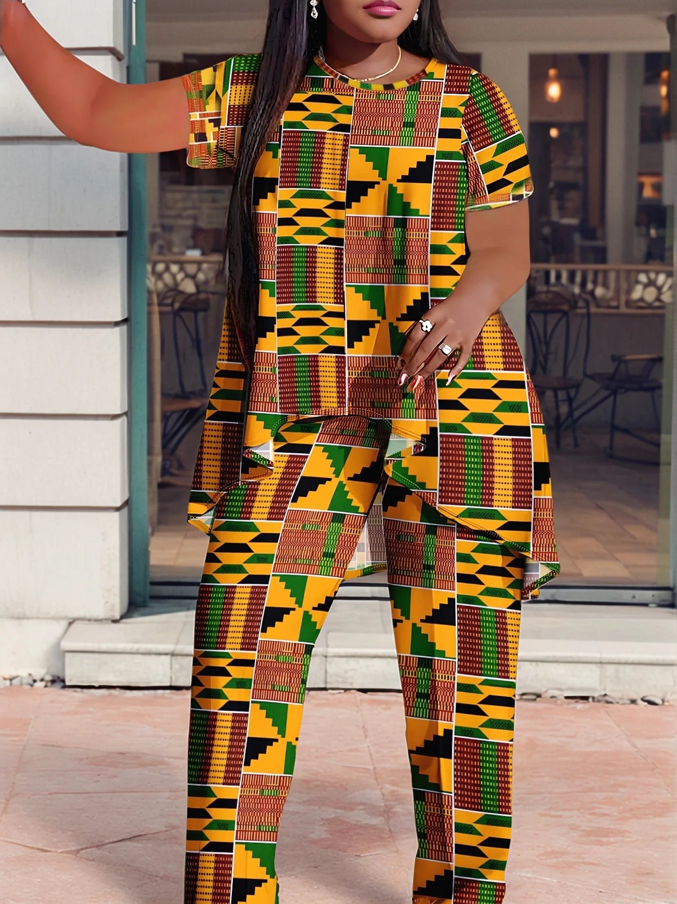 Plus Size European and American Multicolored Plaid Geometric Print Outfit, Fashionable Wide-Leg Pants Set, Comfortable to Wear,