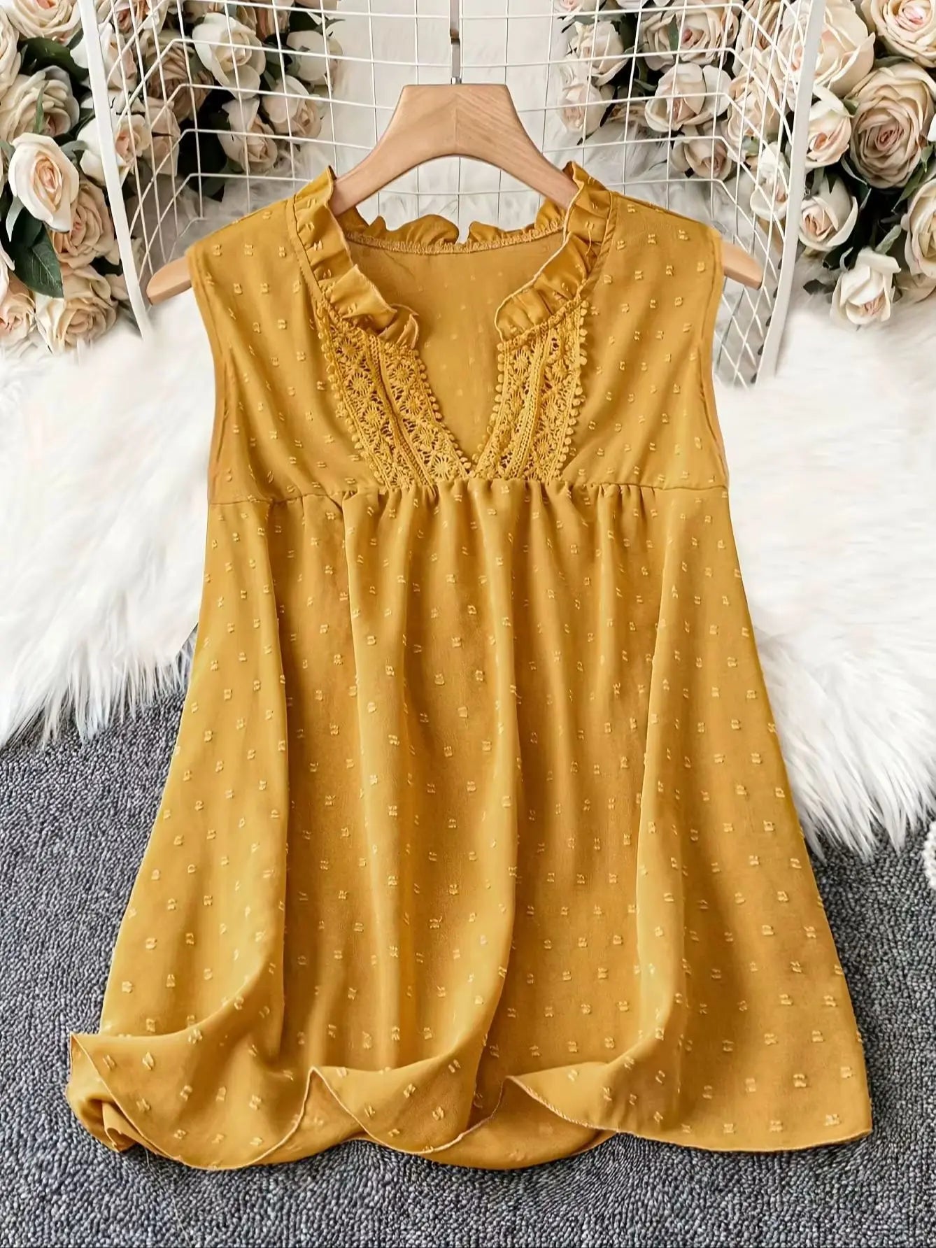 2025 Plus Size Fashion Selection! Yellow Sleeveless Polka - Dot Dress (Plus Size). The V - Neck with Delicate Lace Trim Exudes E Orange