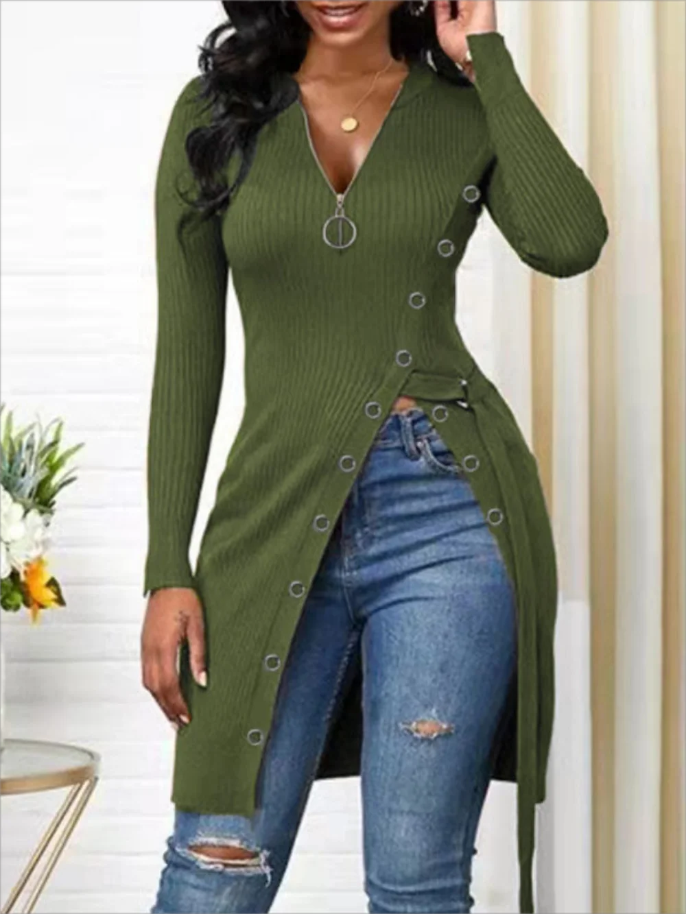 New European and American Women's V-neck Long Sleeve High Slit Threaded Zipper T-shirt Tops