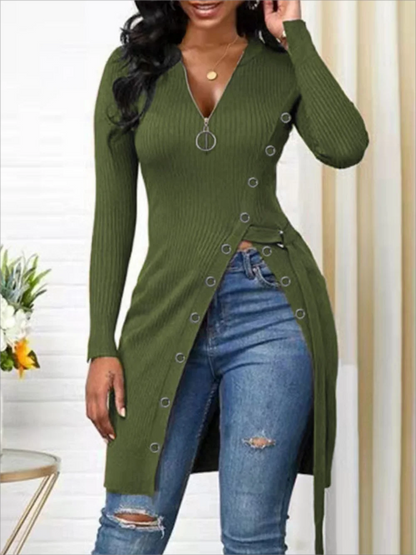 New European and American Women's V-neck Long Sleeve High Slit Threaded Zipper T-shirt Tops