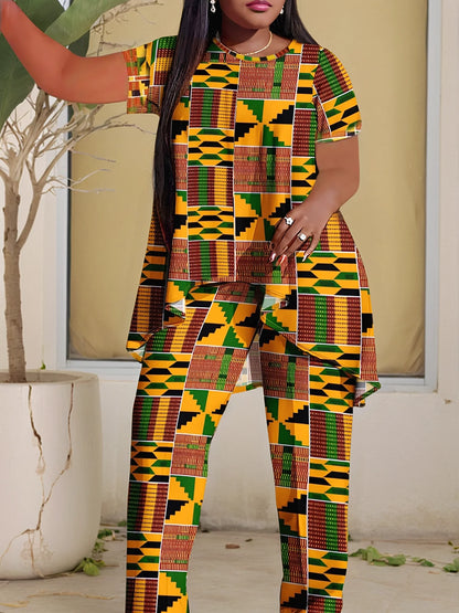 Plus Size European and American Multicolored Plaid Geometric Print Outfit, Fashionable Wide-Leg Pants Set, Comfortable to Wear,