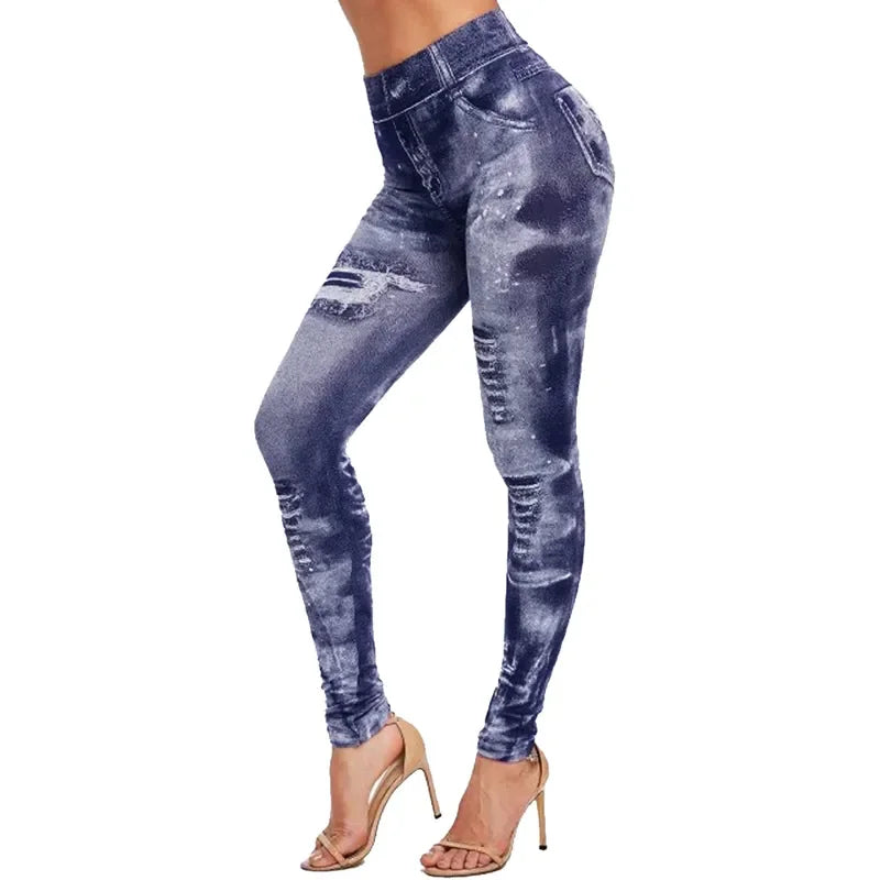 2024 Sexy Astic Imitation Jeans Leggings Women Stretch High Waist Pants Fitness Slim Push Up Leggings For Women Summer Breeches