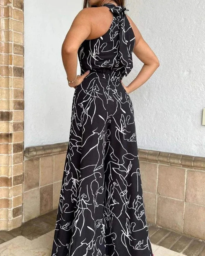 Summer women's geometric printed sleeveless pants with elegant temperament cinched waist tie up hanging neck style jumpsuit Badiee Stylez