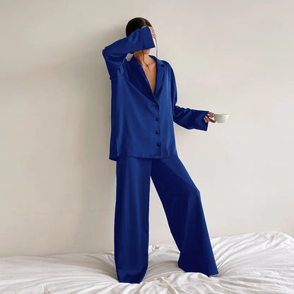 NHKDSASA Oversized Satin Silk Sleepwear Low Cut Sexy Pajamas For Women Single-Breasted Long Sleeves Wide Leg Pants Trouser Suits