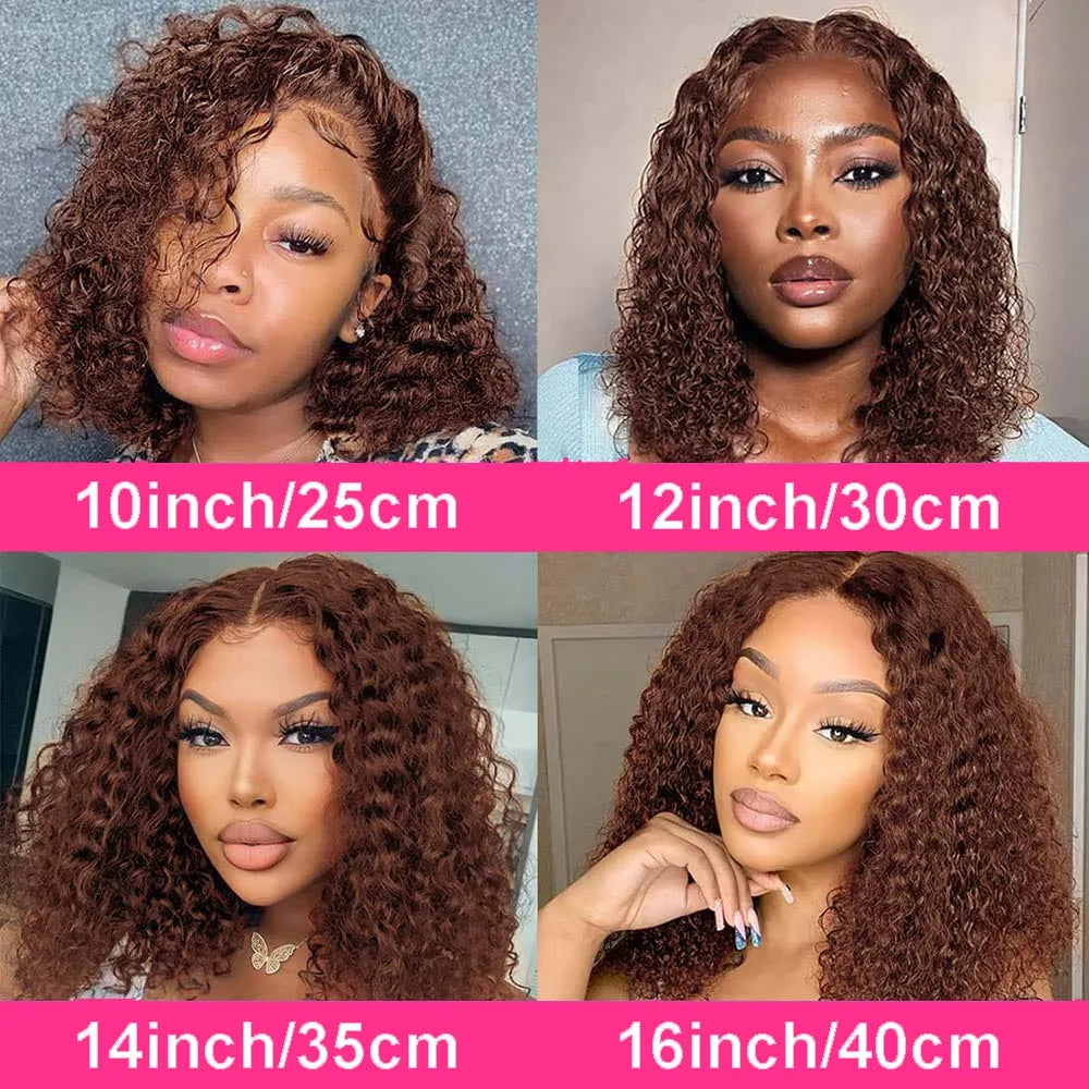 Chocolate Brown Short Curly Bob Wig Human Hair 13x4 Lace Front Wig 230% Density Brazilian Preplucked Curly Deep Wave Bob Wigs