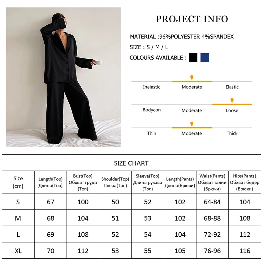 NHKDSASA Oversized Satin Silk Sleepwear Low Cut Sexy Pajamas For Women Single-Breasted Long Sleeves Wide Leg Pants Trouser Suits