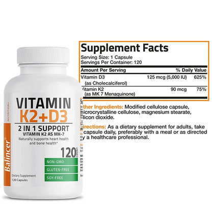 Vitamin K2 (MK7) with D3 Supplement Non-GMO Formula Vitamin D and K Complex, Natural Support for Heart Immune Bone Health