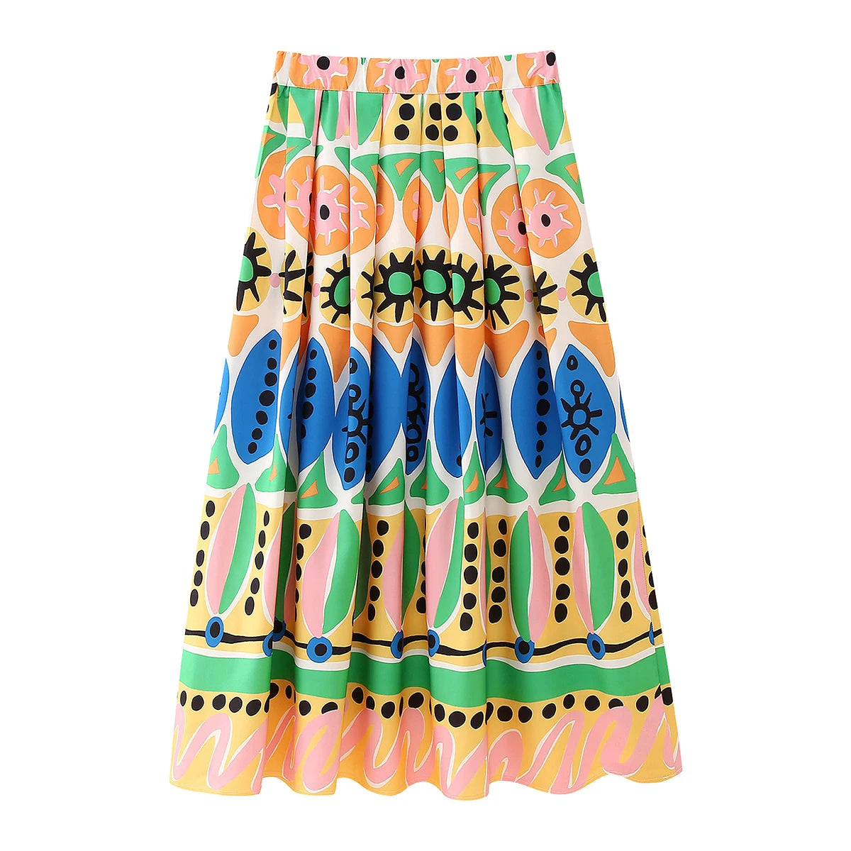 GDSTUFF Women Long Pleated Skirt Stylish Prints High Waist Back Zipper Ankle Length Vacation Bottlow Wear MULTI