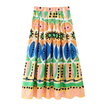 GDSTUFF Women Long Pleated Skirt Stylish Prints High Waist Back Zipper Ankle Length Vacation Bottlow Wear MULTI