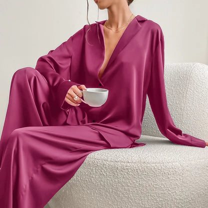 NHKDSASA Oversized Satin Silk Sleepwear Low Cut Sexy Pajamas For Women Single-Breasted Long Sleeves Wide Leg Pants Trouser Suits Pink